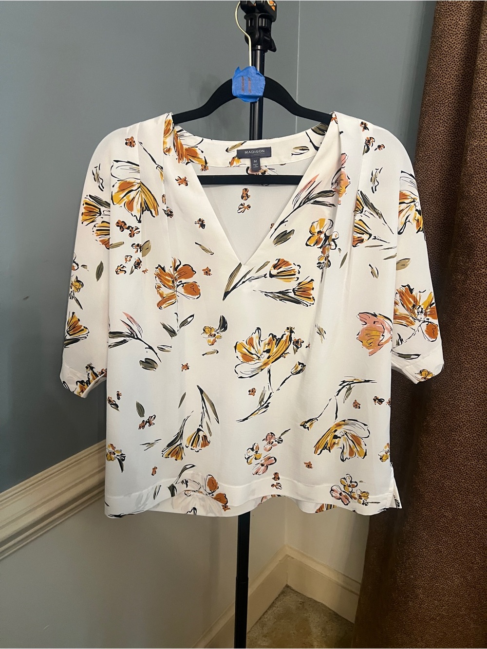 Madison Cream V-Neck Floral Blouse with Mustard Accents